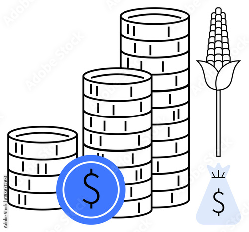 Stacks of coins alongside a dollar sign, a money bag, and wheat representing financial growth, agricultural investment, and economic development. Ideal for themes thumbs up finance, agribusiness