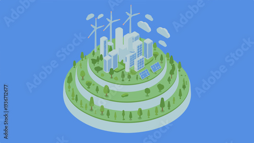 Sustainable cityscape with green spaces and renewable energy sources on a blue background eco friendly urban planning concept