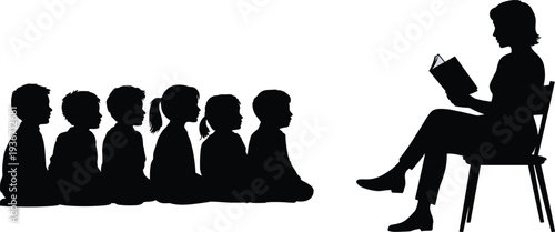 Teacher reading book to children silhouette, classroom storytelling lesson with students sitting, education learning scene vector illustration