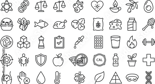 Set of 45 line icons illustrating nutrition, health, and wellness concepts