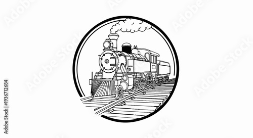 Black and white line art illustration of a steam train on tracks within a circular border