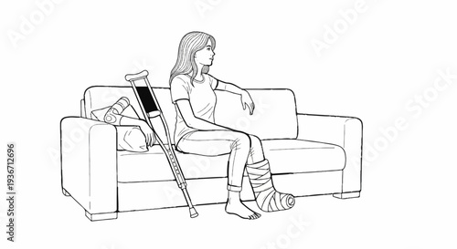 Woman with broken leg on sofa with crutches