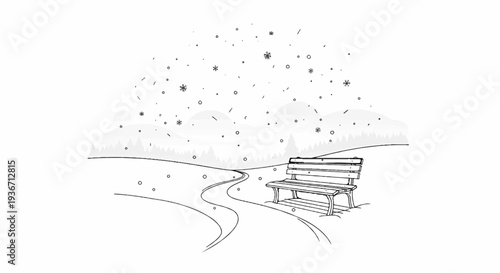 A serene winter landscape with a solitary bench awaits travelers on a snowy path