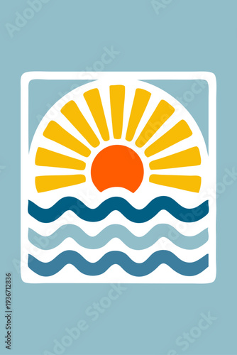 Logo agencia de viajes. Vacaciones de verano. Dibujo sencillo con lineas de un sol asomando por encima de olas de mar en el interior de un cuadrado 