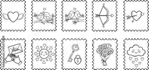 A collection of ten Valentine's Day themed postage stamps