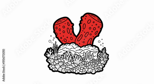 Colorful coral reef with red tube sponges and aquatic plants