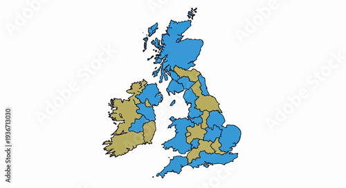 Color-coded map of United Kingdom and Ireland, showing regional divisions