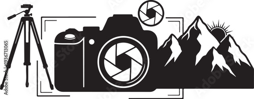 Camera and tripod in front of mountain landscape graphic