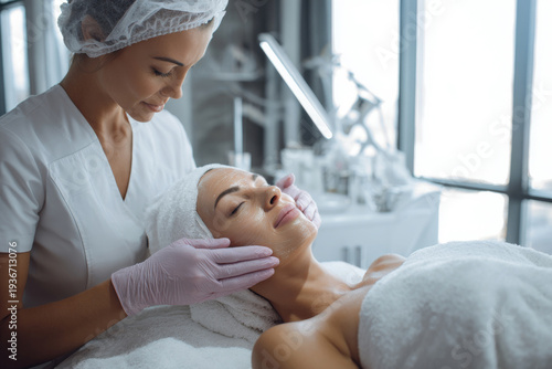 professional beauty salon scene with client receiving premium gold facial treatment, clean contemporary decor, natural daylight through large windows