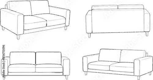 Four line-art views of a simple, modern two-seater sofa from various angles