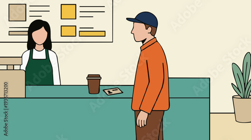 Man In Orange Jacket Orders Coffee From Barista Behind Counter In Cafe With Plants And Menu Boards Light Yellow Background