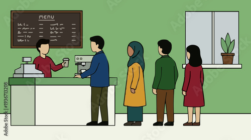 Diverse Group of People Queueing at Coffee Shop Counter for Beverage Service with Menu Board and Espresso Machine Displayed in Minimalist Interior Design