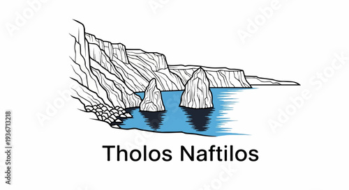 Rocky coastline with sea stacks rising from blue water