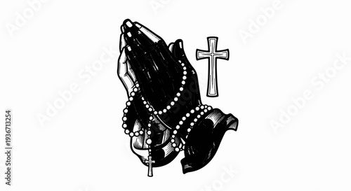 Praying hands with rosary and cross, black and white graphic