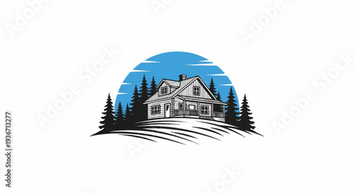 Rustic log cabin nestled among pine trees under a blue sky