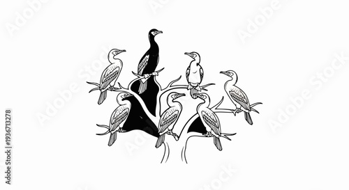 Six birds perched on branches, one standing out in black