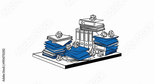 Stacked documents and binders with crumpled paper scattered on a desk