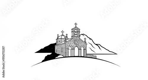 Stone church with domes and bell tower on a hill, mountains behind