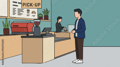 Man standing at coffee shop counter waiting for order near pickup sign and espresso machine with plants on shelf and barista behind counter in pastel background