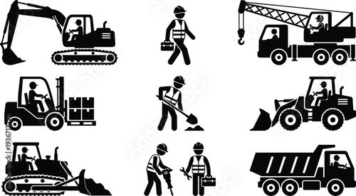 Comprehensive Construction and Industrial Machinery Icon Set Featuring Excavator, Crane, Forklift, Bulldozer, Dump Truck, and Professional Laborer Silhouettes
