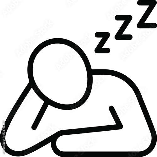 Tired worker leaning on desk sleeping icon vector illustration black stroke style for burnout and office stress theme