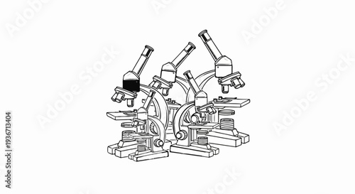 Group of vintage scientific microscopes assembled together in black and white