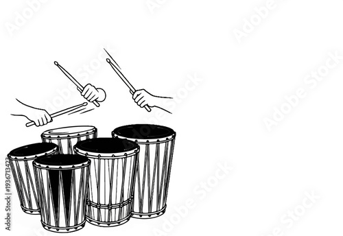 Hands playing drums with sticks, a rhythmic musical performance