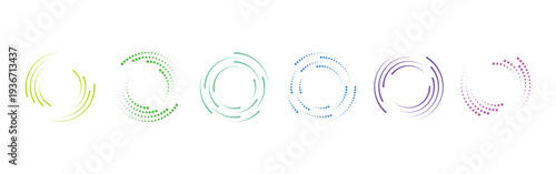 Colorful circular speed lines and swirl motion effect set. Abstract round loading icons, vortex rotating elements, and radial velocity curves for UI/UX and modern graphic design.