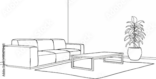 Interior sketch of a sofa, coffee table, and potted plant
