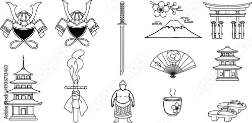 Japanese cultural icons samurai helmets, pagoda, sword, fan, sumo, tea, torii gate