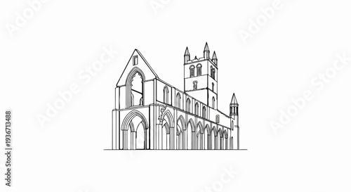 Line art illustration of an old cathedral with arched windows and towers