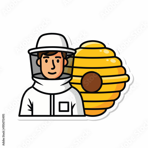 A beekeeper in a protective suit standing beside a beehive