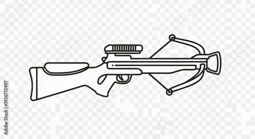Line drawing of a crossbow with scope and stock