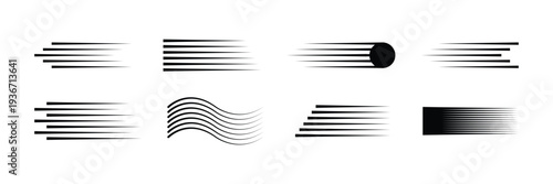 Speed lines set isolated on white background. Motion effect, fast movement, wind, rush, velocity, acceleration, race and delivery concept vector illustration.