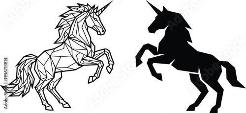 Unicorn geometric outline and silhouette contrasting mythical creature with magical horn representing fantasy legend and charm