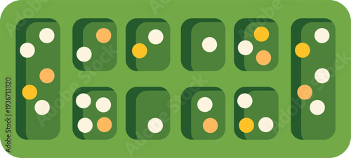 Green mancala board displaying small white and yellow seeds arranged across its pits