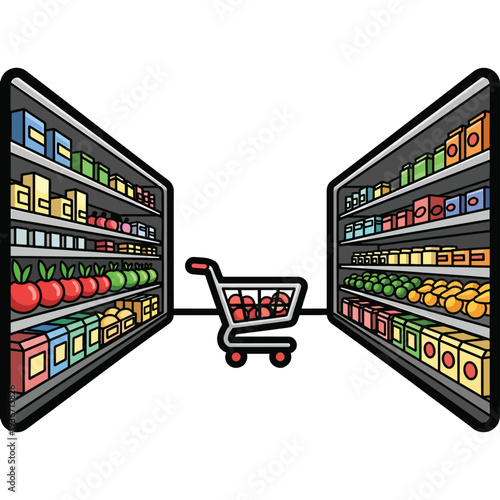 A cart between two refrigerated store shelves