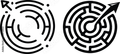 Circular maze icons one with arrow entering and one with arrow exiting representing problem solving journey and finding solution path