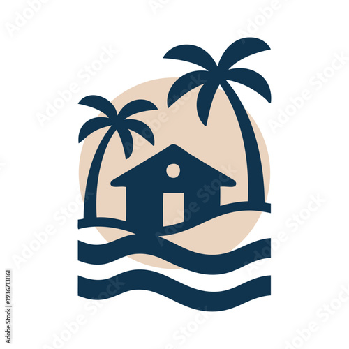 Logo agencia de viajes. Vacaciones de verano. Dibujo sencillo con silueta de la palma con una casa en la playa, olas de mar y círculo 