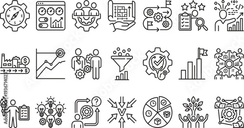 Comprehensive business process and data visualization icons including workflow automation analytics and team management