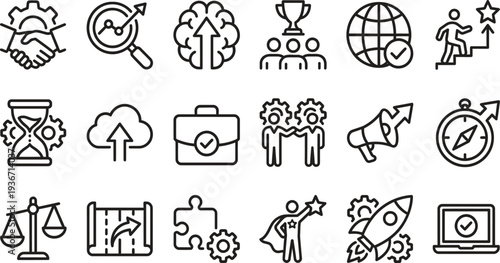 Collection of outline business management icons with career development strategy globe hourglass briefcase and leadership