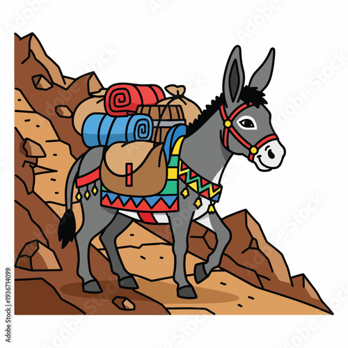 A cartoon donkey with a pack on its back on a rocky terrain