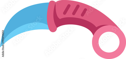 Modern curved karambit knife with blue blade and pink handle isolated on white background