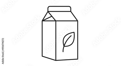 Milk Carton with Black Outline Leaf Icon for Natural Product Packaging on Isolated White Background