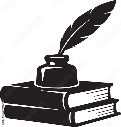 Quill and inkwell on books vector illustration