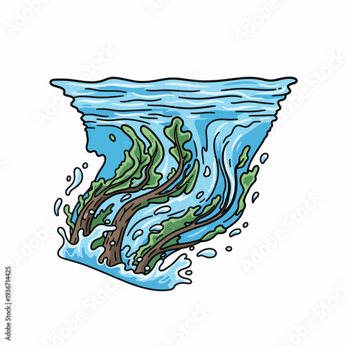 A cartoon illustration of a tree being swept away by a wave