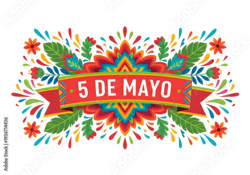 Vibrant 5 de mayo celebration graphic with colorful flowers and banner cinco de mayo