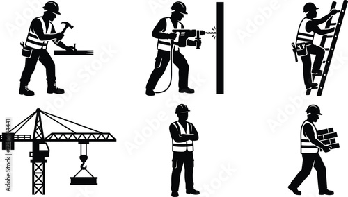 Detailed Illustration of Construction Worker Silhouettes Featuring Manual Labor, Drilling, Climbing a Ladder, Operating a Crane, and Carrying Bricks