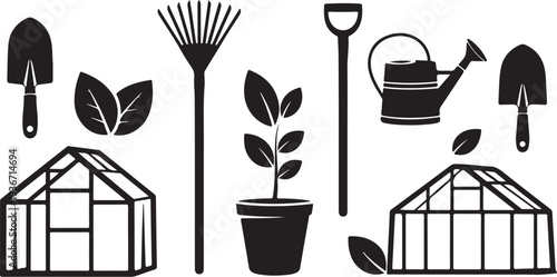 Gardening tools and greenhouses in simple black and white