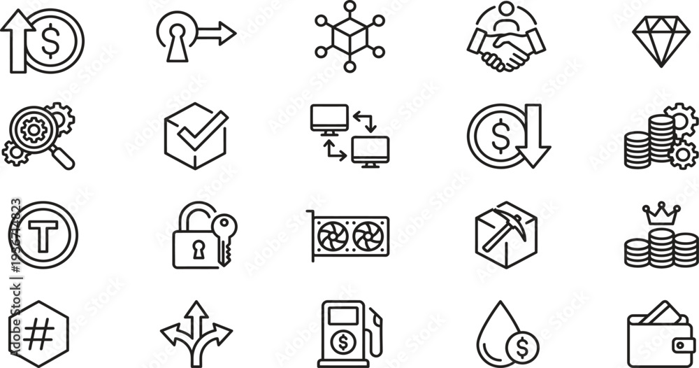Fototapeta premium Collection of abstract line art icons representing digital finance concepts like cryptocurrency growth, investment, and secure transactions